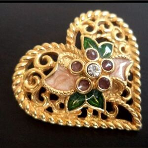 VINTAGE FLOWERED HEART PIN/PENDANT "I LOVE YOU" RHINESTONE & ENAMEL